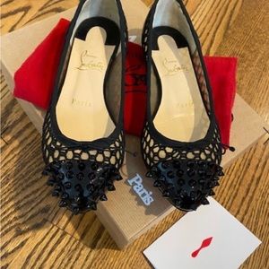 Christian Louboutin Mix Flat Patent Knot Black Stud Spike Flats SZ 37.5